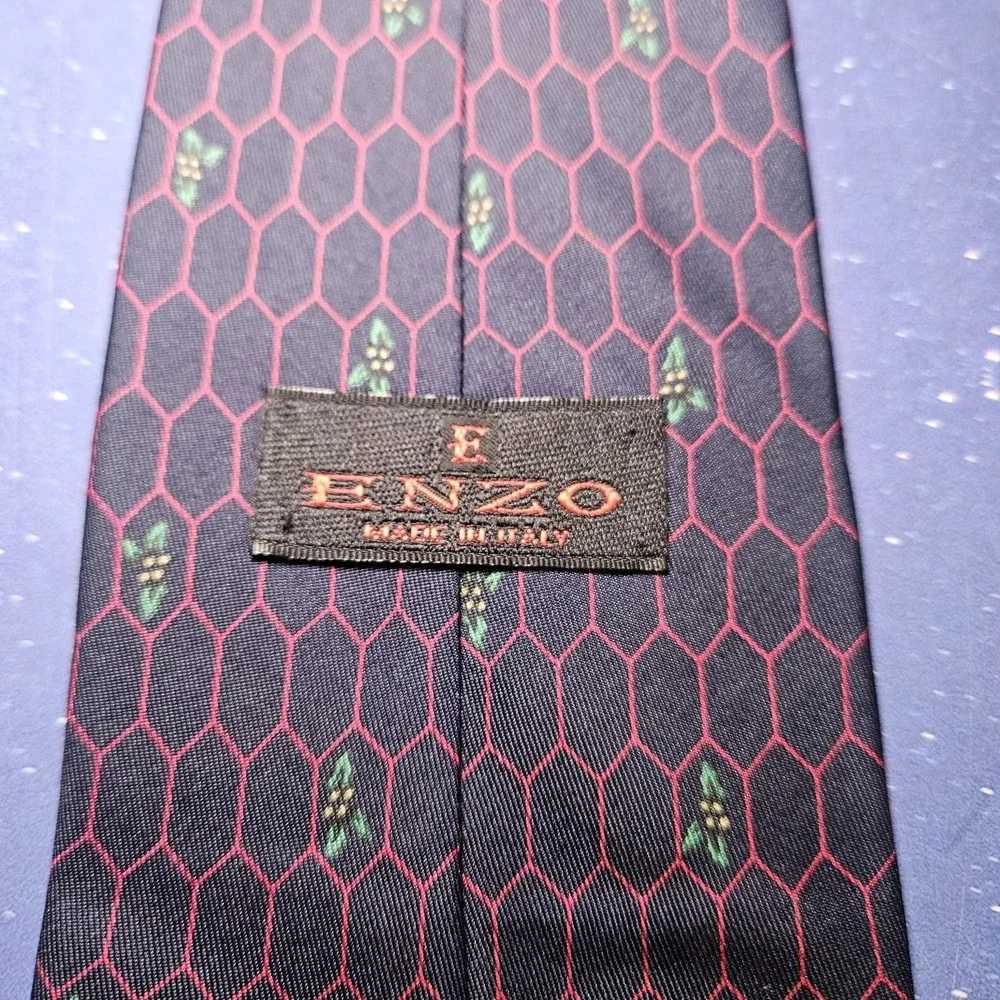 Enzo Necktie Mens‎ OS Navy Red Honeycomb Geometric Floral 100% Silk Made in USA